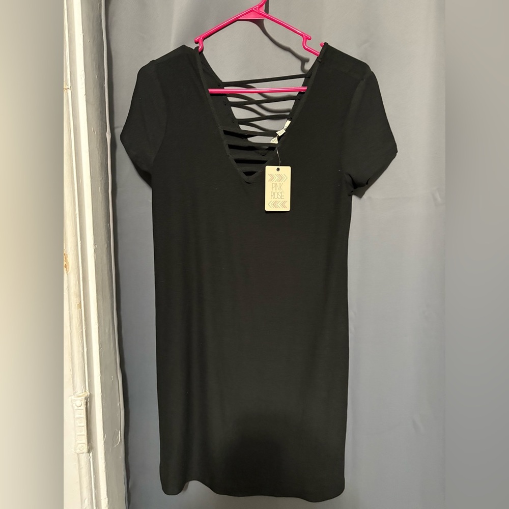 Pink Rose Elegant Black V-Neck Dress